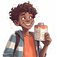 joven chico Bebiendo leche, dibujos animados ilustración con generativo ai foto