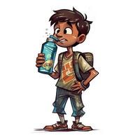 Young boy drinking milk, cartoon illustration with photo