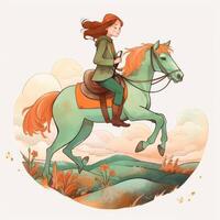 A girl riding on a horse, cartoon illustration with photo