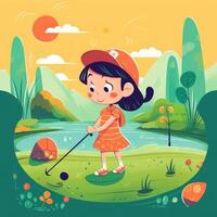 Girl golfer playing a green background, cartoon illustration with photo