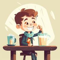 Young boy drinking milk, cartoon illustration with photo
