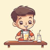 Young boy drinking milk, cartoon illustration with photo