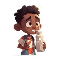 Young boy drinking milk, cartoon illustration with photo