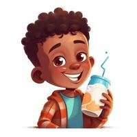 Young boy drinking milk, cartoon illustration with photo