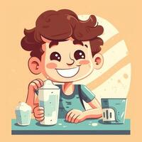 Young boy drinking milk, cartoon illustration with photo