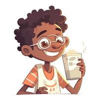 Young boy drinking milk, cartoon illustration with photo