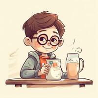 Young boy drinking milk, cartoon illustration with photo