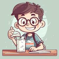 Young boy drinking milk, cartoon illustration with photo