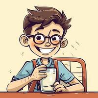 Young boy drinking milk, cartoon illustration with photo