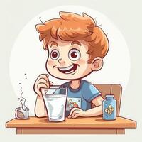 Young boy drinking milk, cartoon illustration with photo