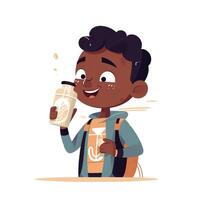 Young boy drinking milk, cartoon illustration with photo