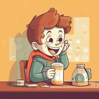 Young boy drinking milk, cartoon illustration with photo