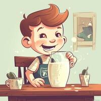 Young boy drinking milk, cartoon illustration with photo