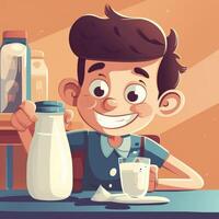 Young boy drinking milk, cartoon illustration with photo