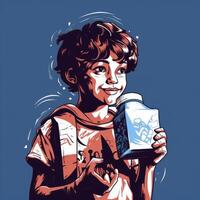 Young boy drinking milk, cartoon illustration with photo
