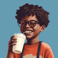 Young boy drinking milk, cartoon illustration with photo