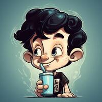 Young boy drinking milk, cartoon illustration with photo