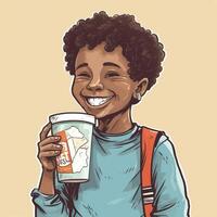 Young boy drinking milk, cartoon illustration with photo