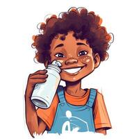 Young boy drinking milk, cartoon illustration with photo