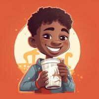 Young boy drinking milk, cartoon illustration with photo