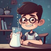 Young boy drinking milk, cartoon illustration with photo