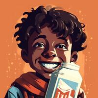 Young boy drinking milk, cartoon illustration with photo