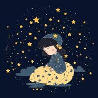 Girl sleeping among the blue sky, bright moon and stars, cartoon with photo