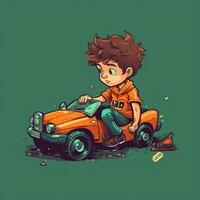 Boy playing with toy car, cartoon illustration with photo