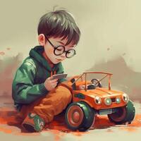 Boy playing with toy car, cartoon illustration with photo