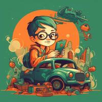 Boy playing with toy car, cartoon illustration with photo