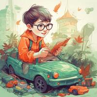 Boy playing with toy car, cartoon illustration with photo