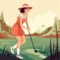 Girl golfer playing a green background, cartoon illustration with photo