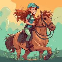 A girl riding on a horse, cartoon illustration with photo