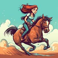 un niña montando en un caballo, dibujos animados ilustración con generativo ai foto