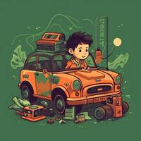 Boy playing with toy car, cartoon illustration with photo