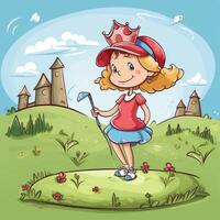 Girl golfer playing a green background, cartoon illustration with photo