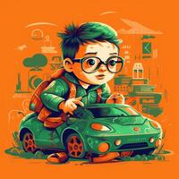 Boy playing with toy car, cartoon illustration with photo