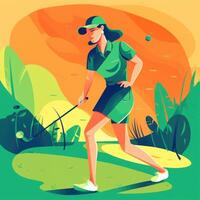 Girl golfer playing a green background, cartoon illustration with photo