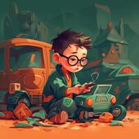 Boy playing with toy car, cartoon illustration with photo