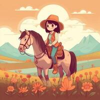 un niña montando en un caballo, dibujos animados ilustración con generativo ai foto