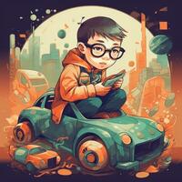 Boy playing with toy car, cartoon illustration with photo