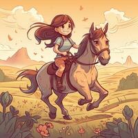 un niña montando en un caballo, dibujos animados ilustración con generativo ai foto