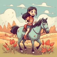 un niña montando en un caballo, dibujos animados ilustración con generativo ai foto
