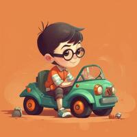 Boy playing with toy car, cartoon illustration with photo