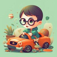 Boy playing with toy car, cartoon illustration with photo