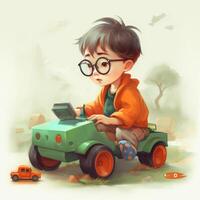 Boy playing with toy car, cartoon illustration with photo