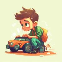 Boy playing with toy car, cartoon illustration with photo