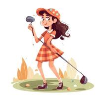 Girl golfer playing a green background, cartoon illustration with photo