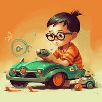 Boy playing with toy car, cartoon illustration with photo