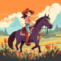 A girl riding on a horse, cartoon illustration with photo